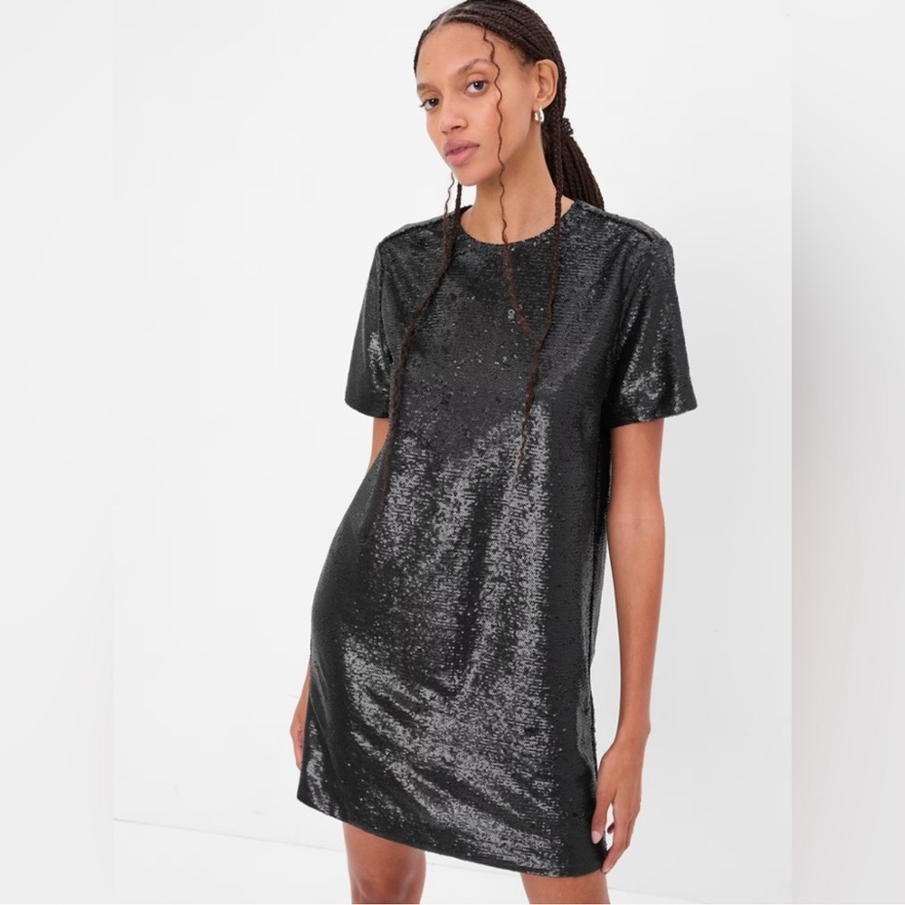 NWT GAP Recycled Sequin Black Short Sleeve Shift Mini Dress Size XXL $98